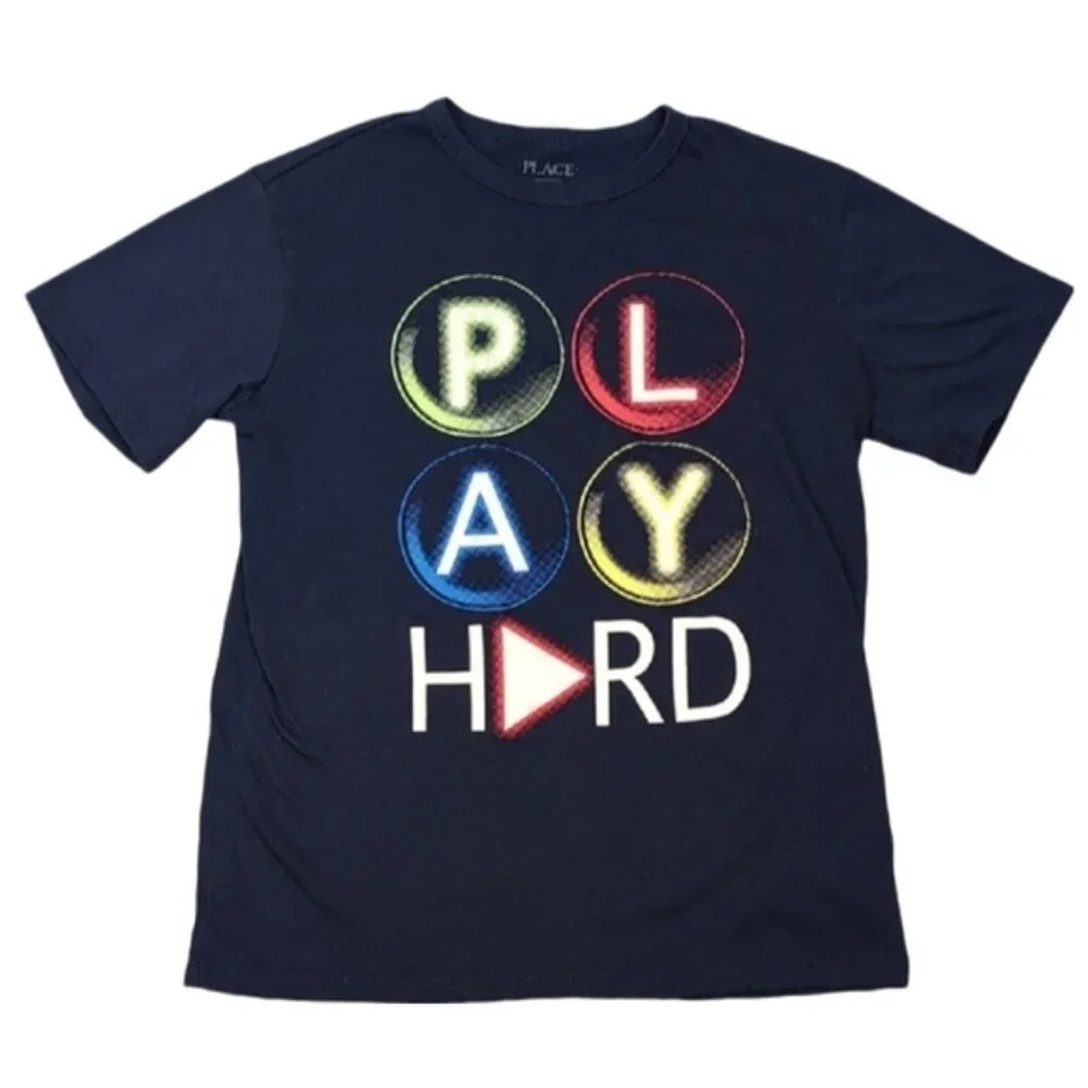 The Childrens Place Graphic Gaming Tee Navy Blue Play Hard Boys Youth XL 14